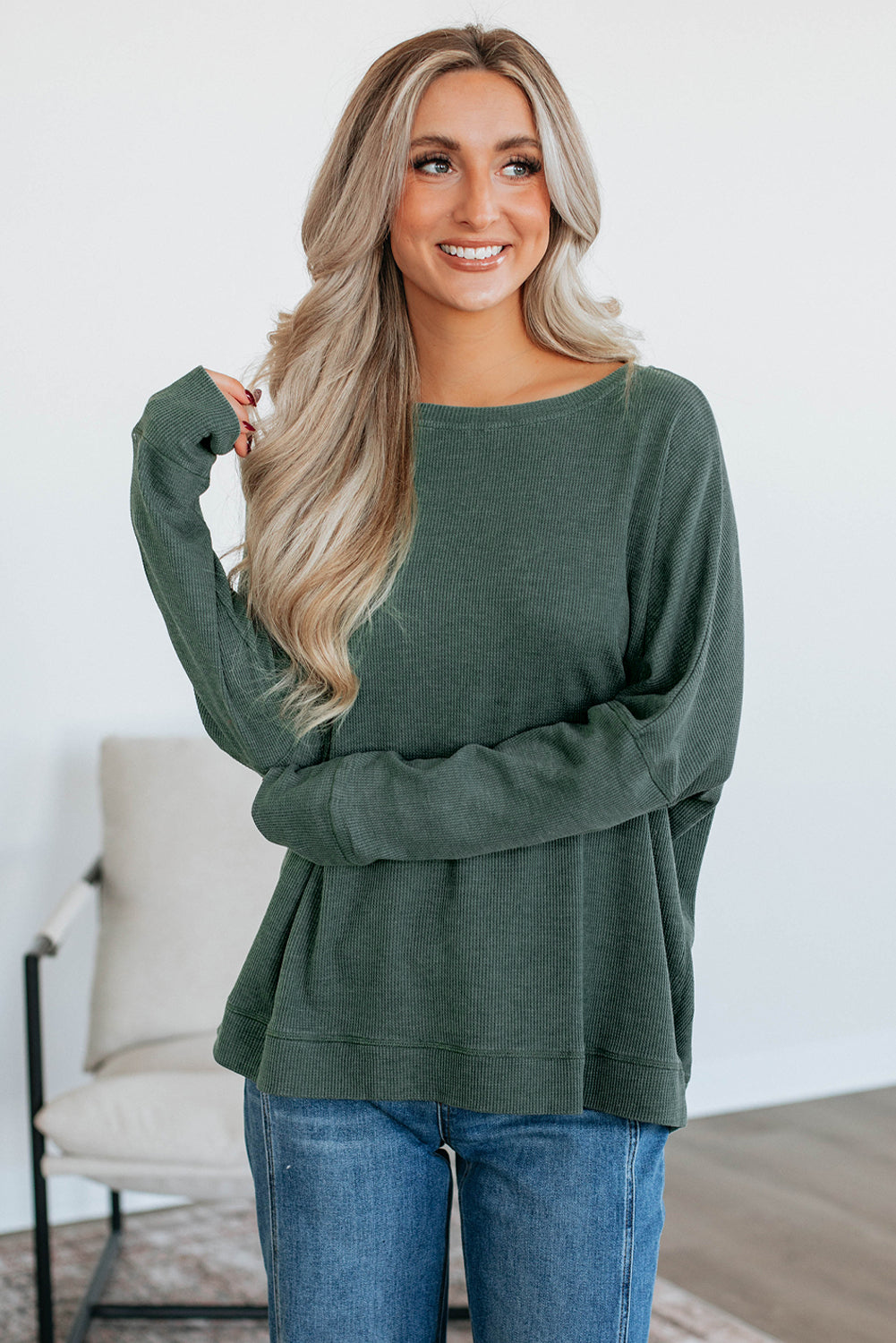 Dark Brown Ribbed Plain Long Sleeve Loose Top