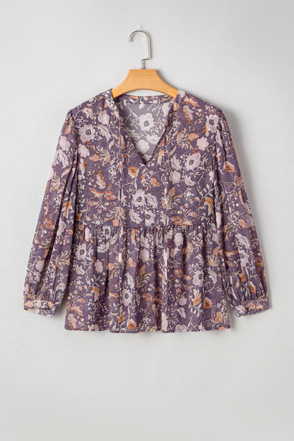 Blue Boho Floral Print 3/4 Sleeve Babydoll Blouse