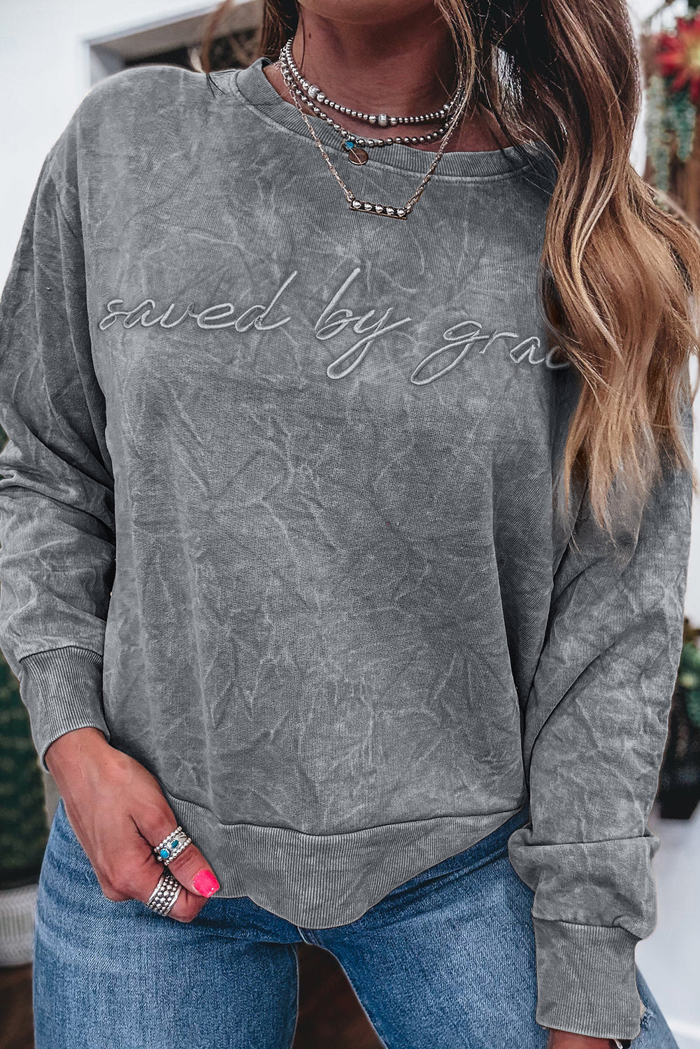 Real Teal saved by grace Letter Embroidery Mineral Wash Loose Sweatshirt