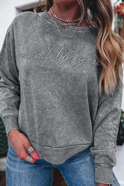 Real Teal saved by grace Letter Embroidery Mineral Wash Loose Sweatshirt