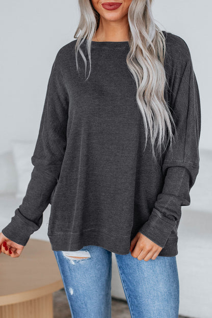 Dark Brown Ribbed Plain Long Sleeve Loose Top