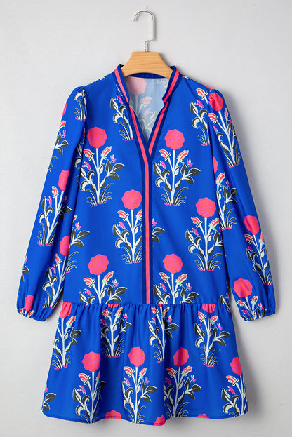 Sky Blue Floral Print Pop of Color V Neck Mini Dress