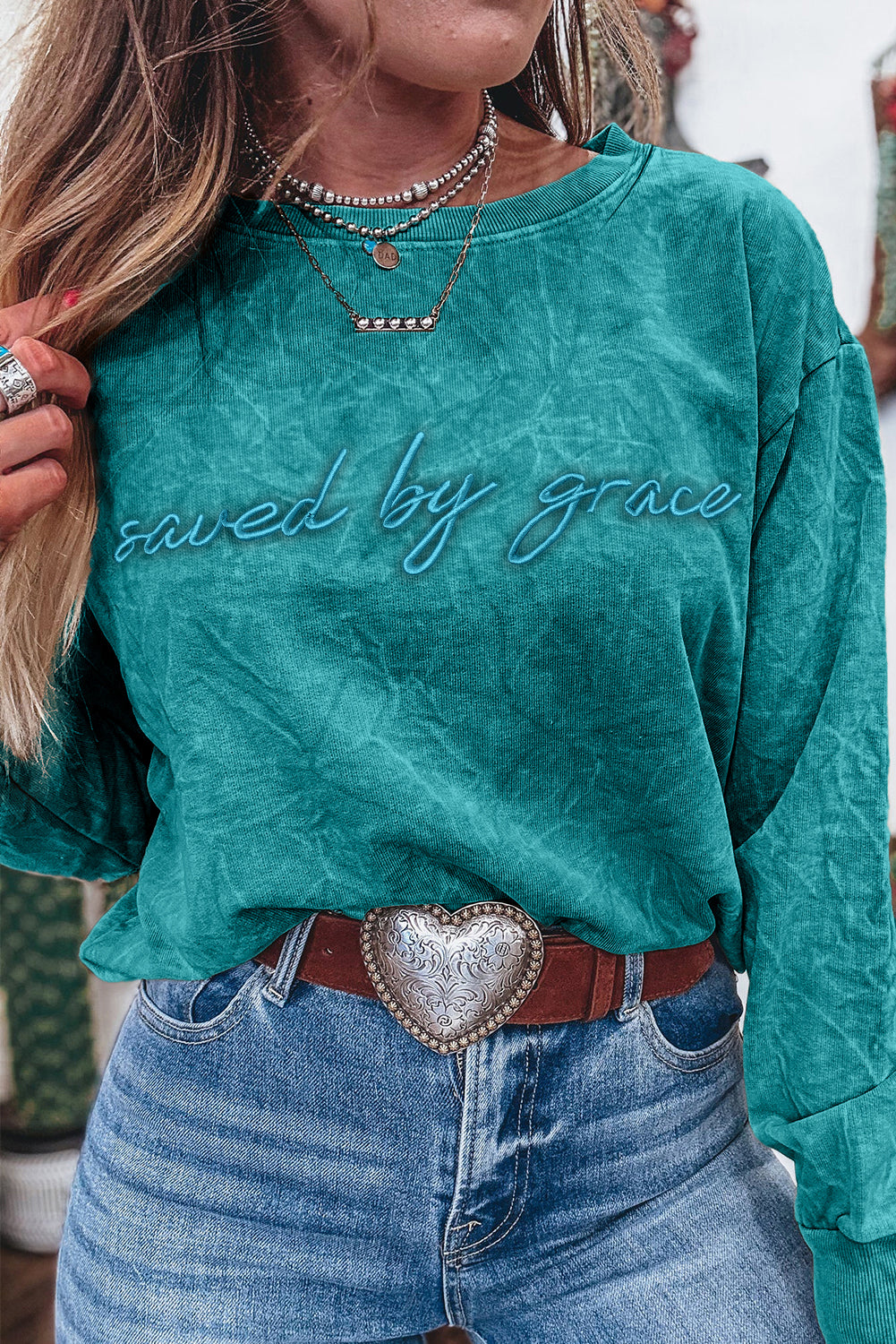 Real Teal saved by grace Letter Embroidery Mineral Wash Loose Sweatshirt