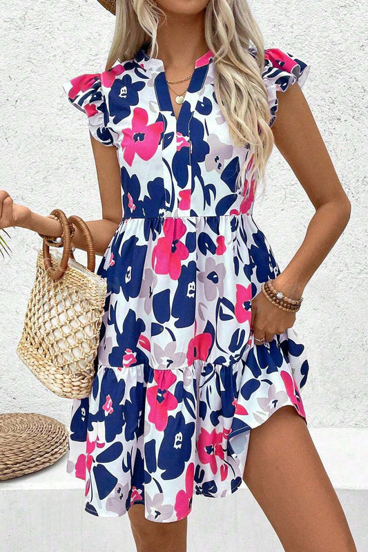 Orange Floral Print Notched Neck Flutter Sleeve Mini Dress
