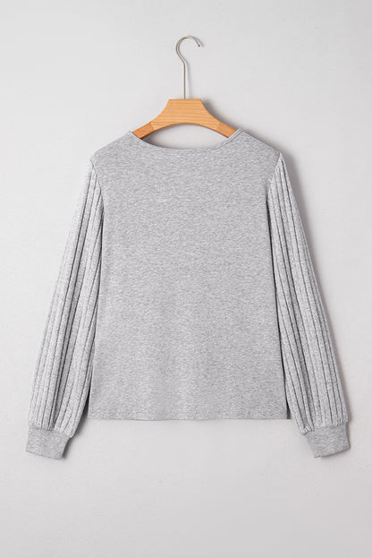Gray Solid Lace Applique Round Neck Long Sleeve Top