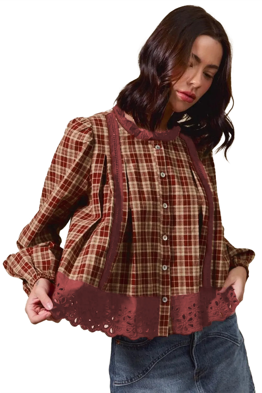 Red Dahlia Plaid Lace Hem Button Down Shirt