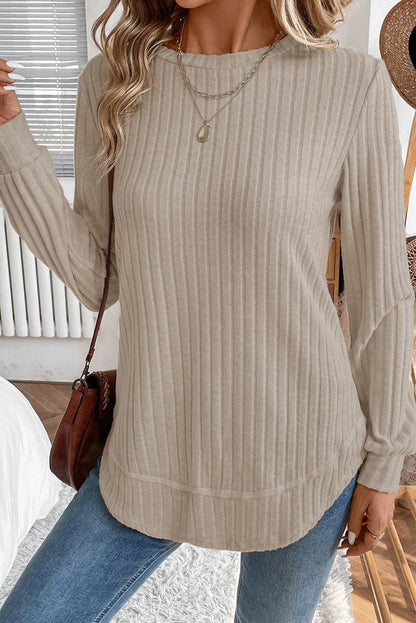 Ribbed Texture Round Neck Long Sleeve Rounded Hem Top
