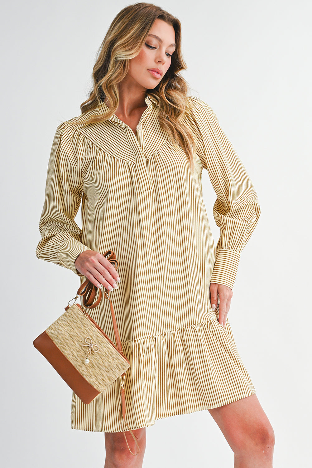 Brown Striped Shirt Collar Ruffle Hem Long Sleeve Dress
