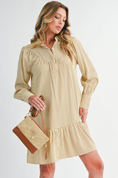 Brown Striped Shirt Collar Ruffle Hem Long Sleeve Dress