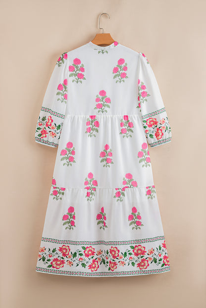 White Floral Print Loose Tiered Maxi Dress