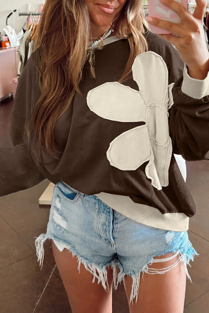 Smoke Green Raw Edge Flower Patch Drop Shoulder Long Sleeve Top