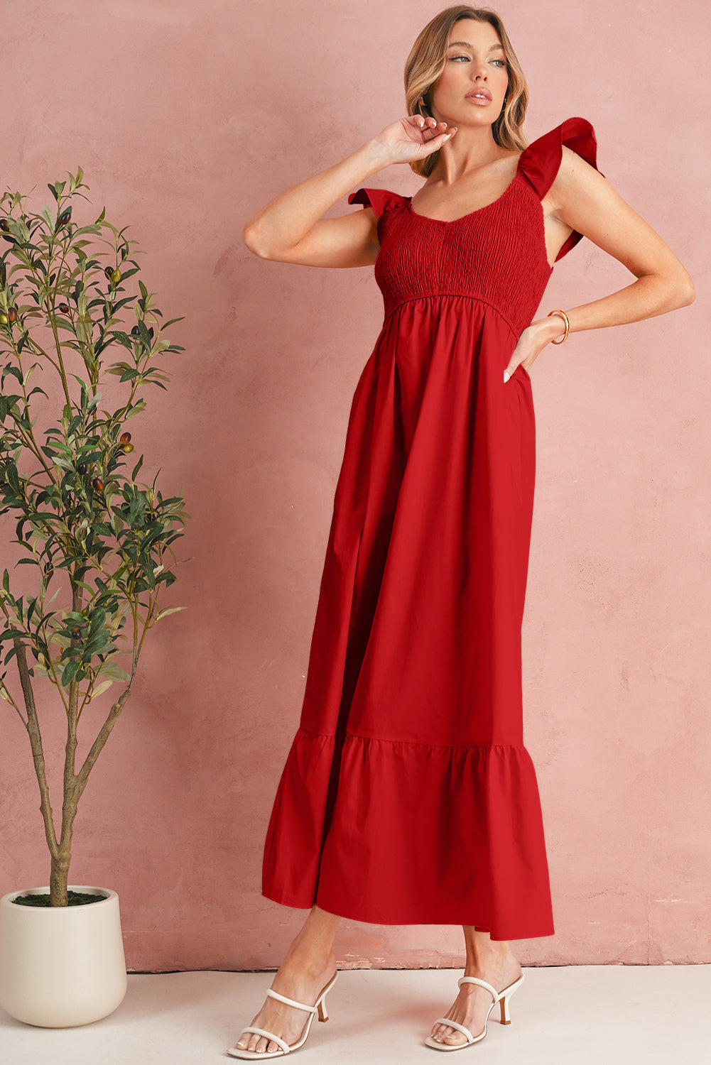 Apricot Pink V Neck Flutter Sleeve Smocked Bodice High Waist Ruffle Maxi Dress