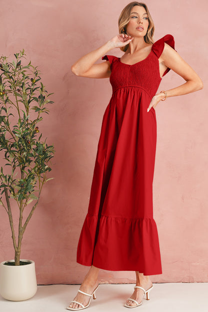 Apricot Pink V Neck Flutter Sleeve Smocked Bodice High Waist Ruffle Maxi Dress