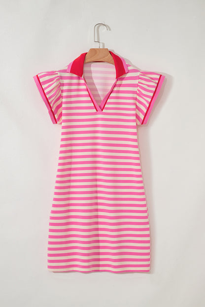 Green Striped Ruffle Short Sleeve Pop of Color Neckline Dress