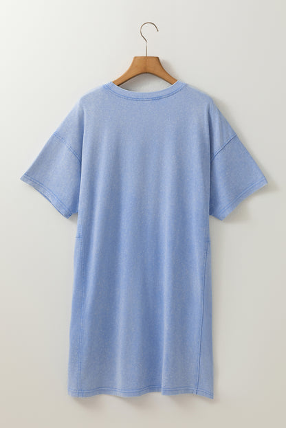 Sky Blue Mineral Wash Flower Patchwork Mini T Shirt Dress