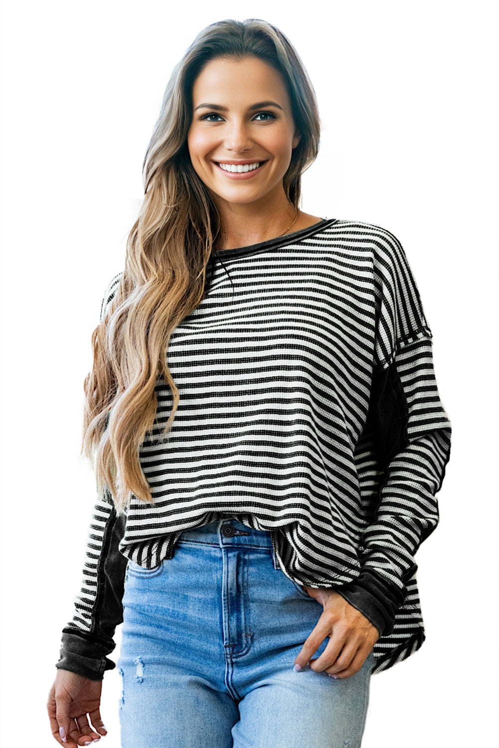 Khaki Stripe Patchwork Knit Drop Shoulder Top