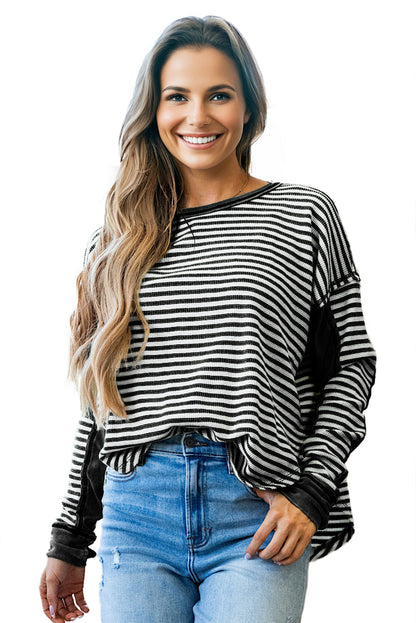 Khaki Stripe Patchwork Knit Drop Shoulder Top