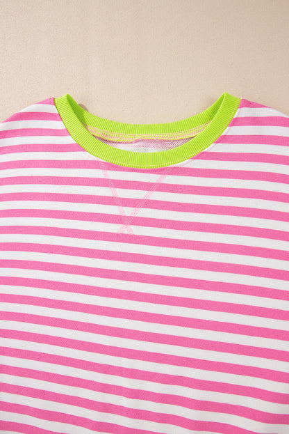 Red Stripe Contrast Ribbed Trim Crossed Stitch Drop Shoulder Sweatshirt