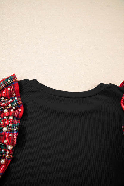 Black Pearl Plaid Ruffle Sleeve Loose T Shirt