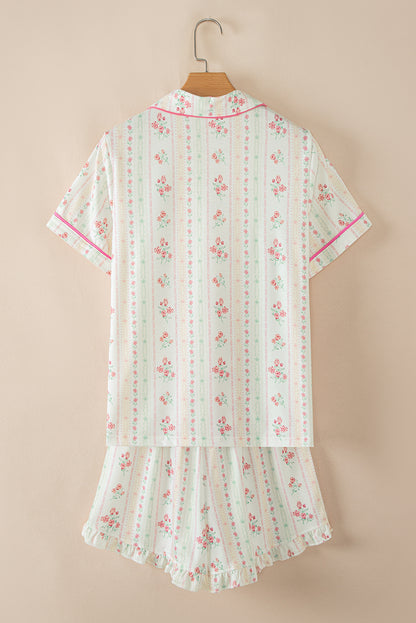 Beige Floral Print Ruffle Hem Shorts Pajama Set