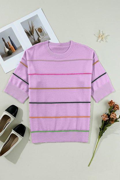 Orchid Petal Striped Half Sleeve Drop Shoulder Sweater