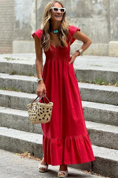 Apricot Pink V Neck Flutter Sleeve Smocked Bodice High Waist Ruffle Maxi Dress