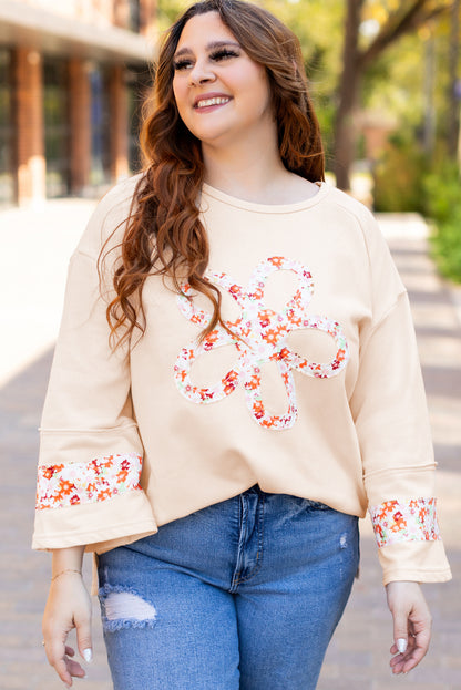 Beige Flower Patched Side Slits Plus Size Top