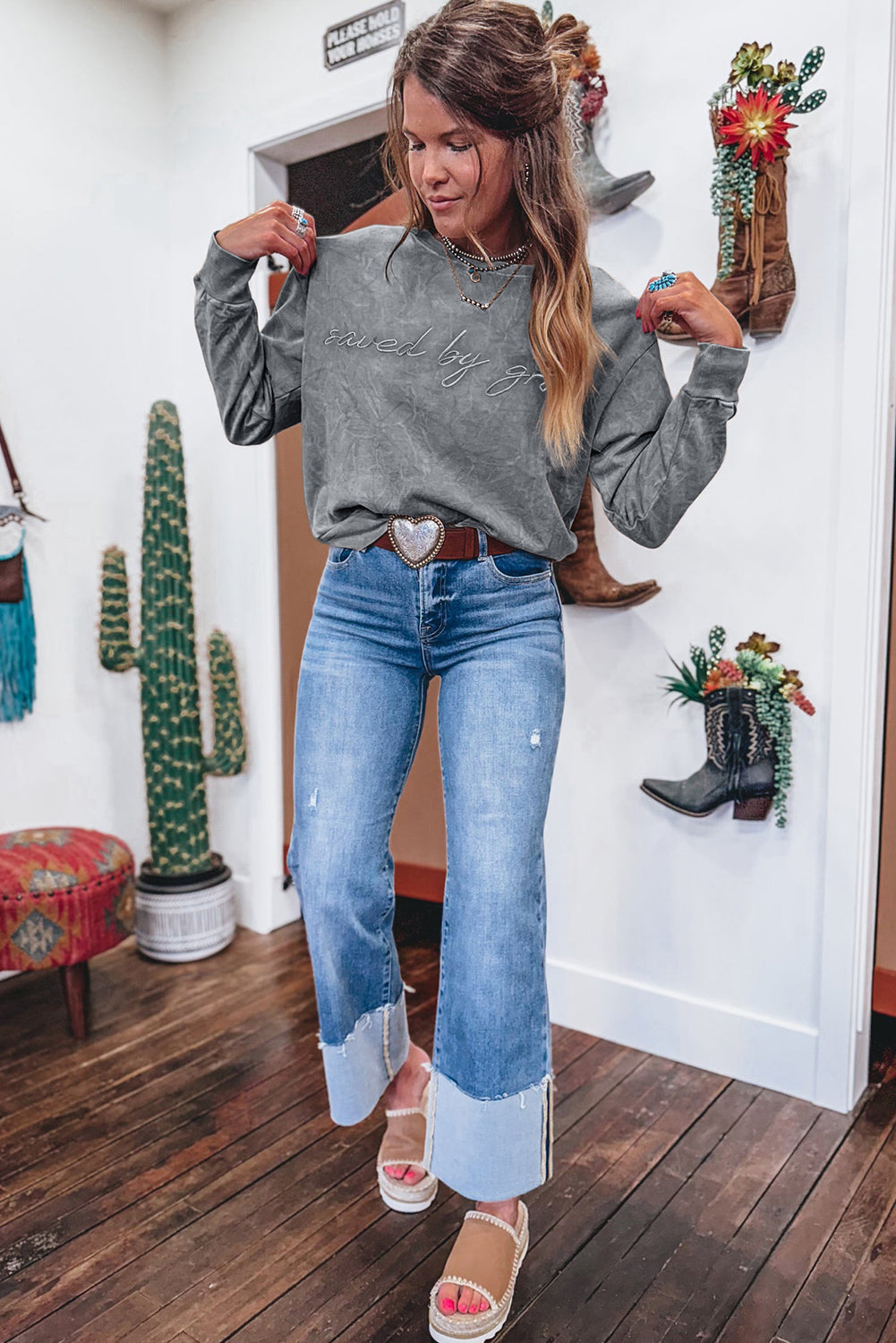 Real Teal saved by grace Letter Embroidery Mineral Wash Loose Sweatshirt