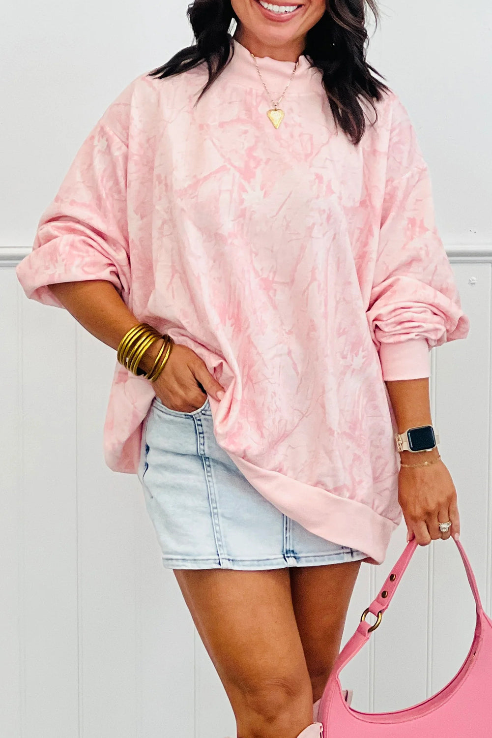 Pink Camo Print Mock Neck Loose Sweatshirt