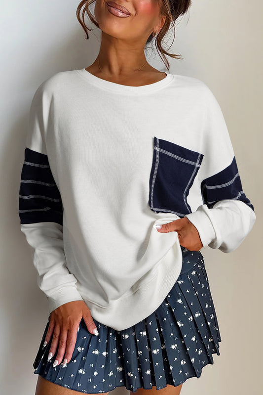 White Denim Patchwork Ribbed Round Neck Pullover Sweatshirt