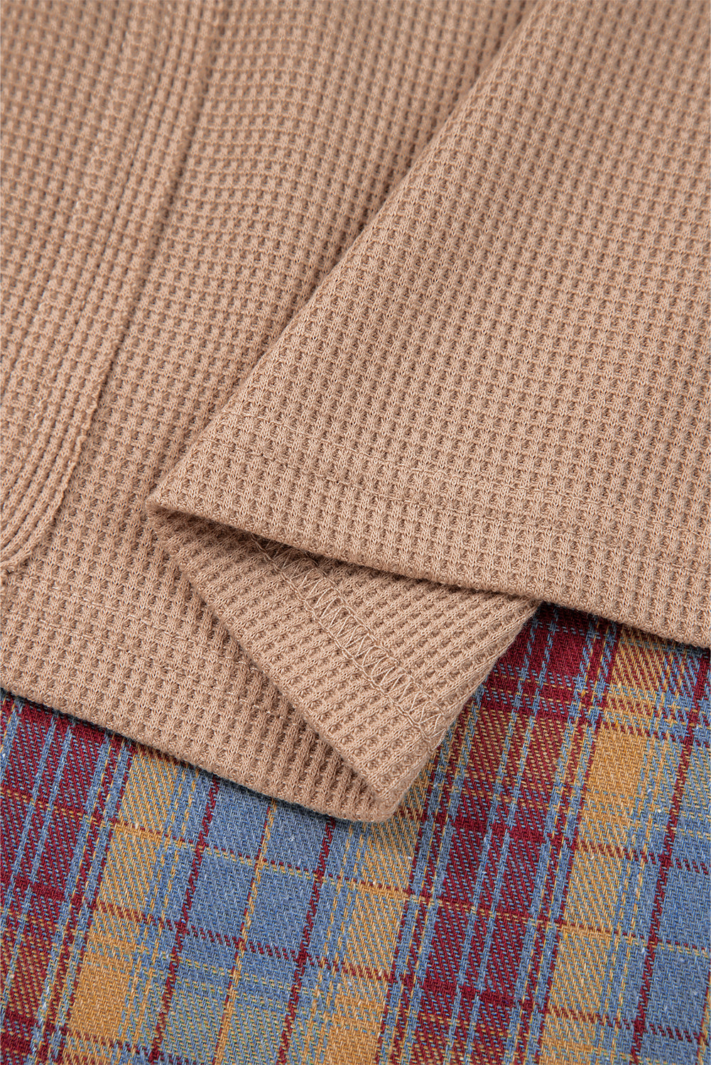 Beige Waffle Stripe Plaid Patchwork Henley Top
