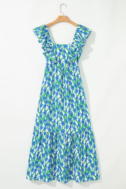 Pink Floral Print Square Neck Ruffled Strap Maxi Dress