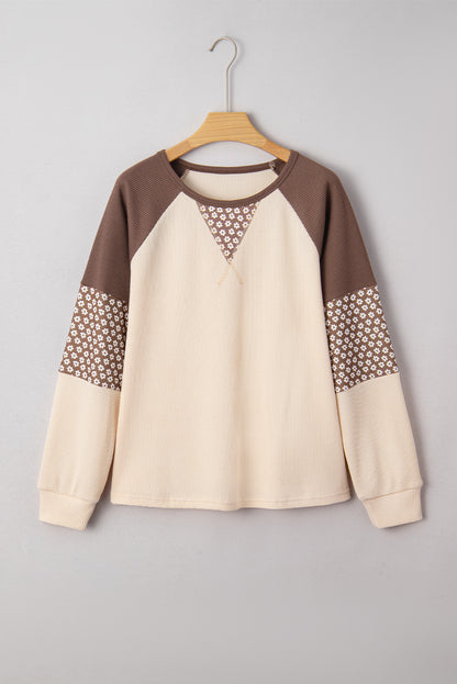 Brown Floral Print Patchwork Colorblock Long Sleeve Top