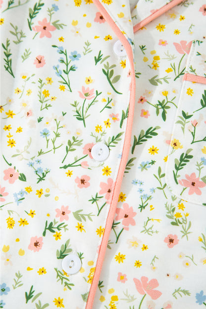 Beige Floral Print Ruffle Hem Shorts Pajama Set
