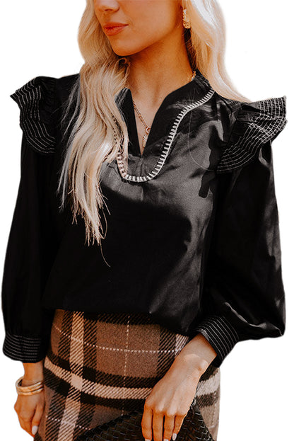 Black Contrast Stitched Detail V Neck Ruffle Long Sleeve Blouse