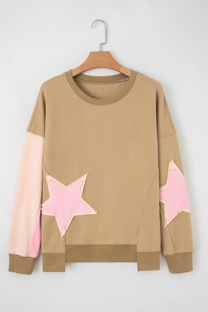 Sage Green Star Patchwork Exposed Seam Uneven Hem Sweatshirt