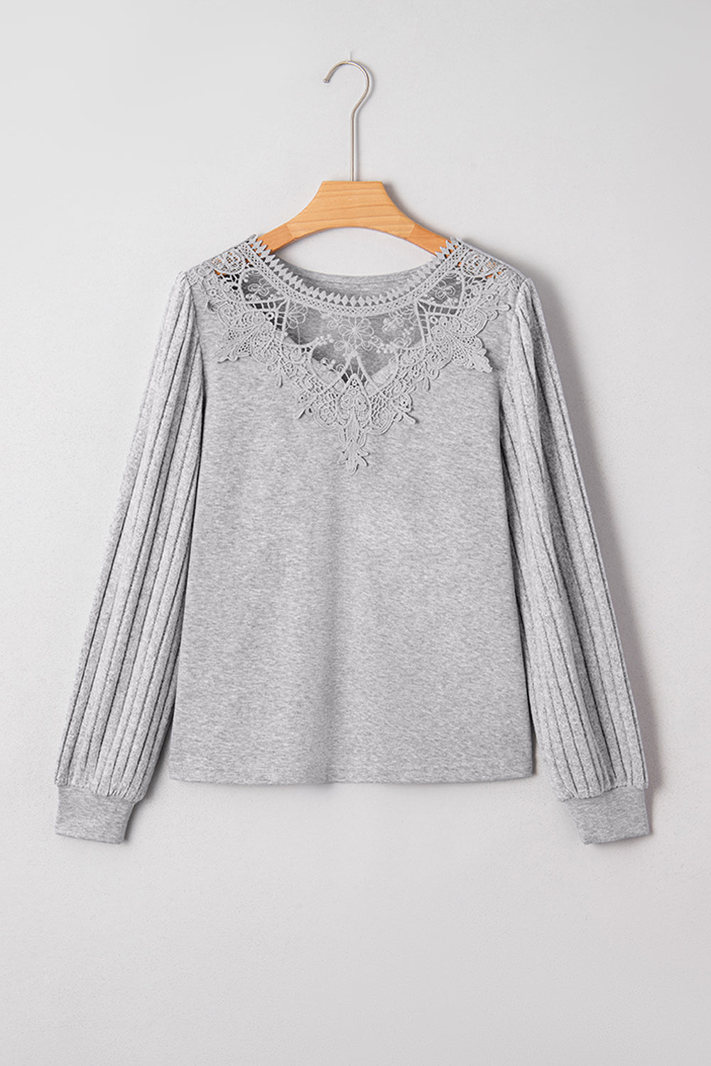Gray Solid Lace Applique Round Neck Long Sleeve Top