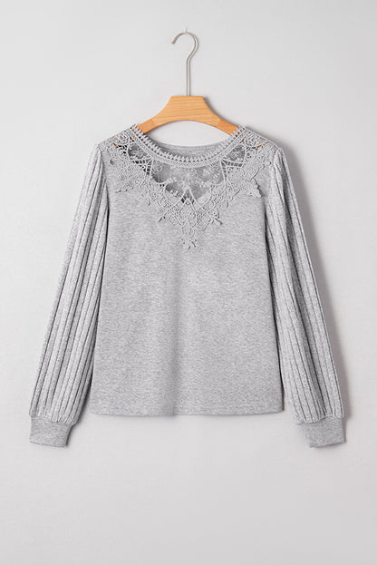 Gray Solid Lace Applique Round Neck Long Sleeve Top
