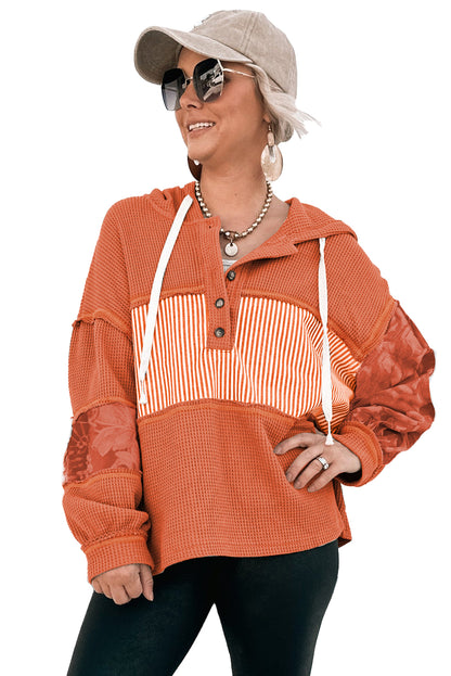 Cinnamon Striped Waffle Patchwork Drawstring Hooded Long Sleeve Top