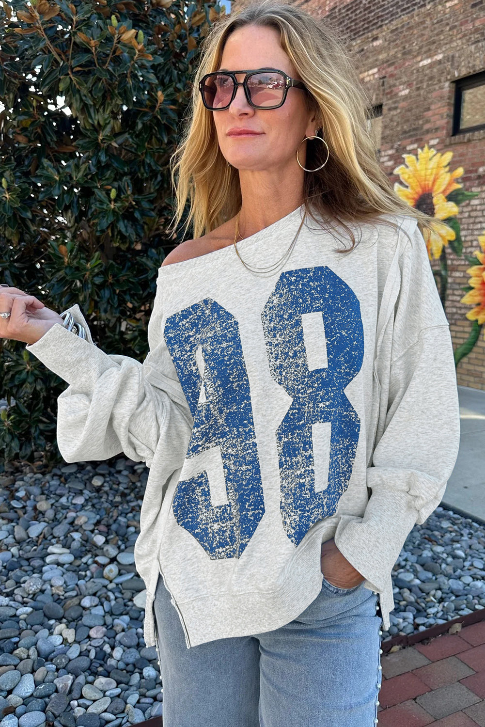 Light Grey Faded Varsity Print Loose Pullover Top