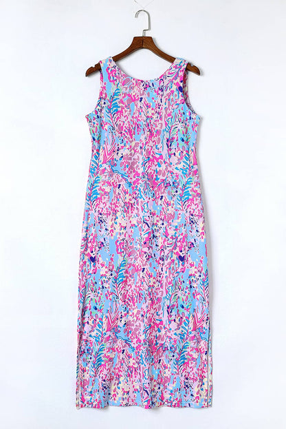 Purple Abstract Print Side Splits Round Neck Sleeveless Maxi Dress