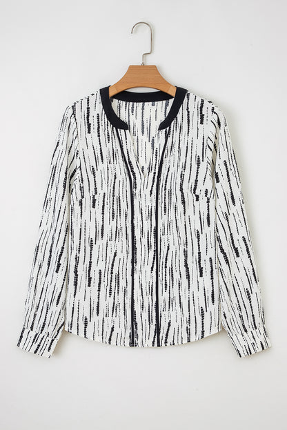 White Abstract Print V-neck Long-sleeve Blouse