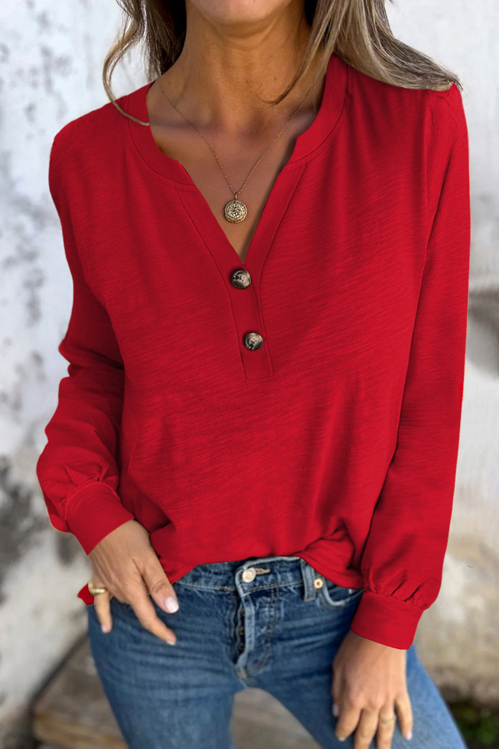Racing Red Casual Button V Neck Long Sleeve Top