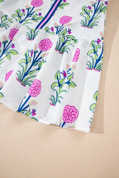 Sky Blue Floral Print Pop of Color V Neck Mini Dress