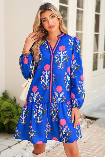 Sky Blue Floral Print Pop of Color V Neck Mini Dress