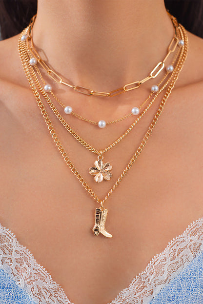 Gold Flower Boot Pendent Pearl Chain Necklace Set