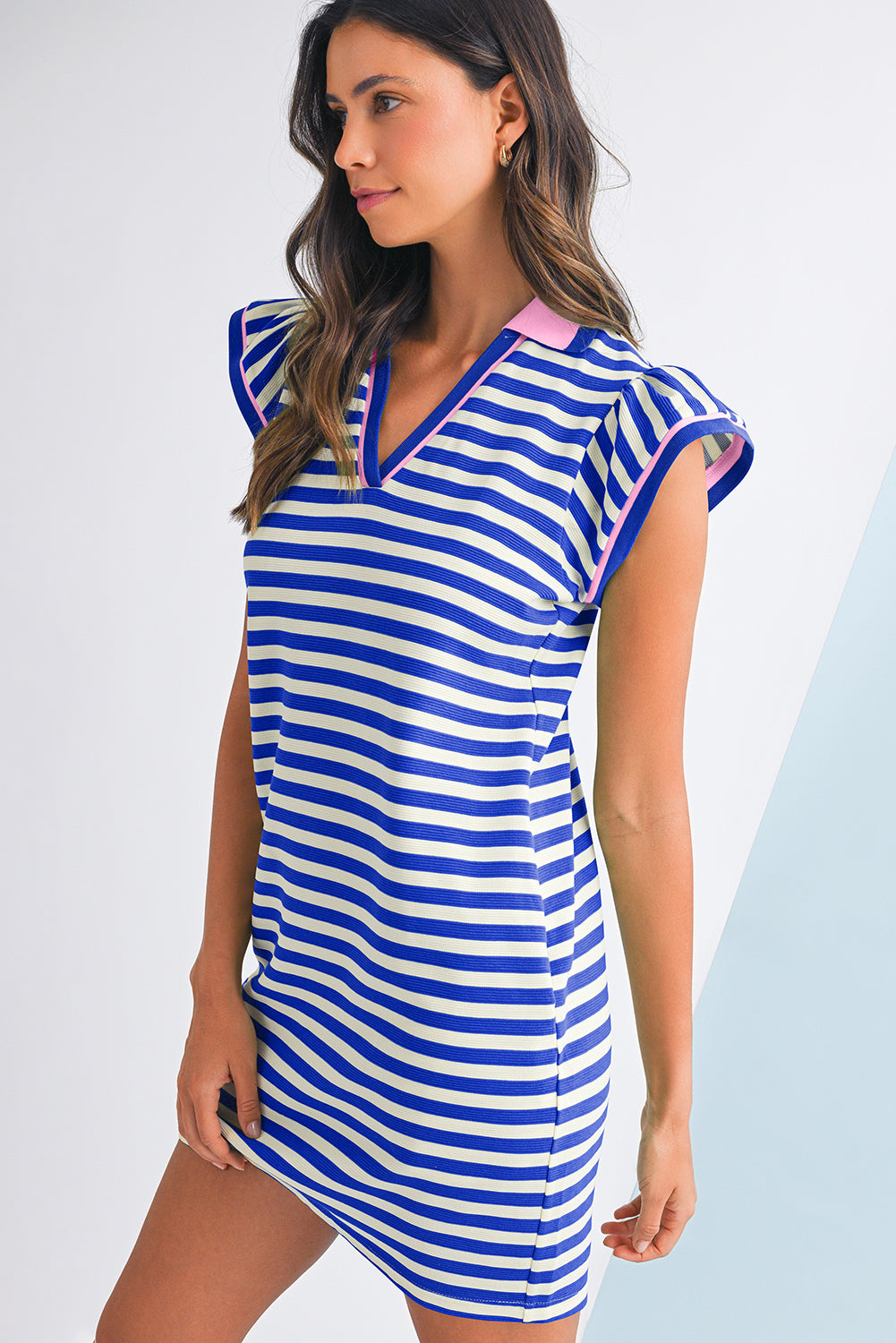 Green Striped Ruffle Short Sleeve Pop of Color Neckline Dress