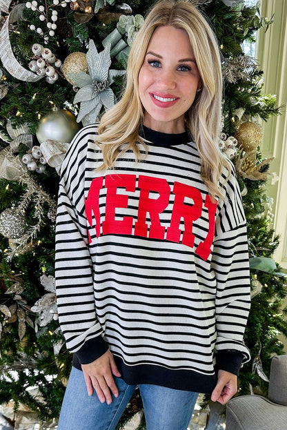 Black Stripe MERRY Letter Print Christmas Sweatshirt