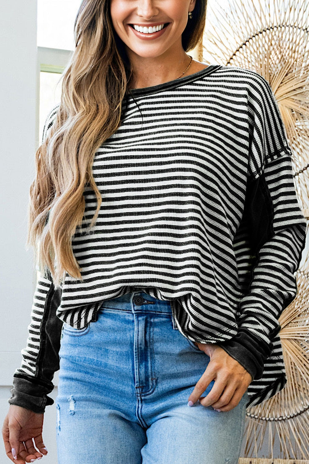 Khaki Stripe Patchwork Knit Drop Shoulder Top