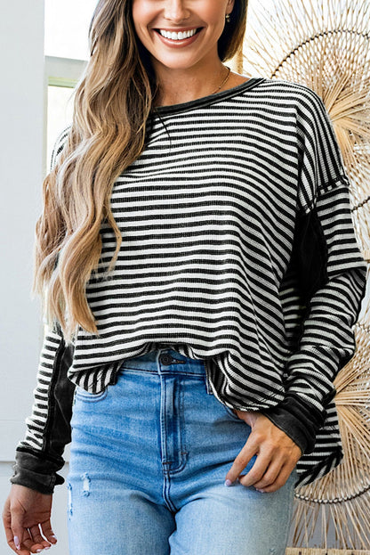 Khaki Stripe Patchwork Knit Drop Shoulder Top